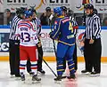 Kovar and Kronwall talk to referees before start of the match between Czech Republic and Sweden