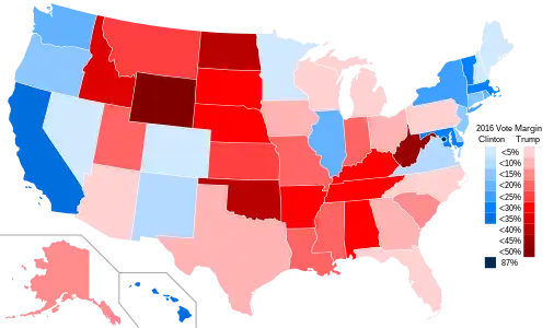 Results by state, shaded according to margin of victory