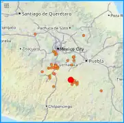 Map of earthquakes as of 22 SeptemberRed mark indicates the mainshock