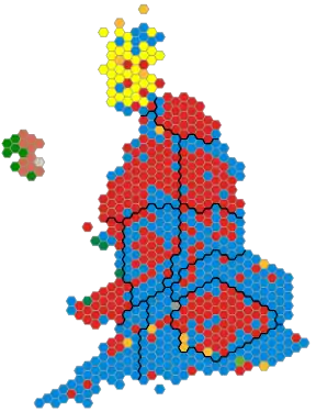 Election results plotted on a map showing equal-size constituencies, showing winning party in each.