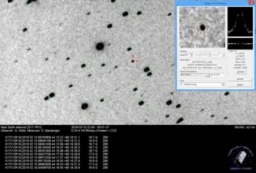 2017 VR12, imaged at Northolt Branch Observatories on 15 February 2018. The asteroid is visible at 17th magnitude at this point, at a distance of 10.4 million km (6.5 million mi) from Earth. The image is inverted (stars appear dark, the background appears light).