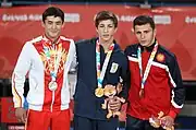 Victory ceremony (from left to right): Elmirbek Sadyrov (Silver), Giorgi Chkhikvadze (Gold), Sahak Hovhannisyan (Bronze)