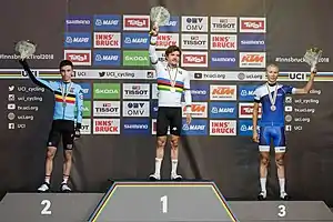 The final podium (from left to right): Bjorg Lambrecht (Belgium), Marc Hirschi (Switzerland) and Jaakko Hänninen (Finland).