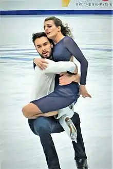French ice dancers Gabriella Papadakis and Guillaume Cizeron performing a curve lift at the 2018 European Championships