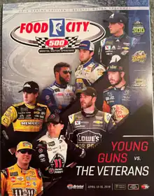 2018 Food City 500 program cover, featuring "Young Guns" Ryan Blaney, Bubba Wallace, Chase Elliott, and William Byron, and "Veterans" Kyle Busch, Kevin Harvick, Jimmie Johnson, and Martin Truex Jr.