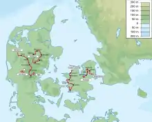 Map of Denmark with five routes