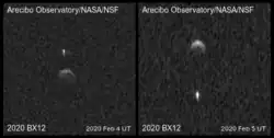 The satellite of 2020 BX12 appears as a small, elongated object separate from the asteroid in radar images.