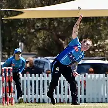 Coyte bowling for Adelaide Strikers during WBBL07