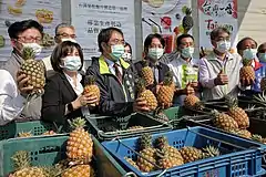 William Lai and Huang Wei-cher supported pineapple farmers in Tainan on 28 February 2021.