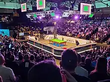 zoomed out image of a snooker match