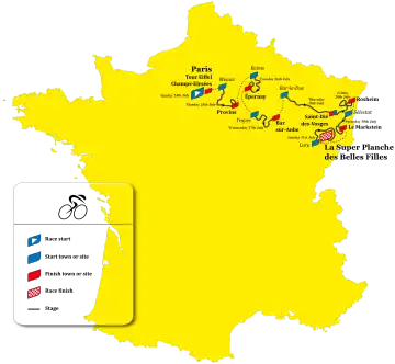 Route map that shows the stages of the 2022 Tour de France Femmes, with their start and finish towns