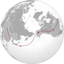 A map of the world, showing a snaking line from the middle of China, across the Pacific Ocean, through Alaska and Canada, and into the northwestern United States