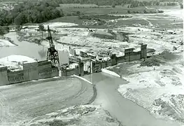 An aerial view of construction on the Elk River Dam is seen in this photo from the 1950s