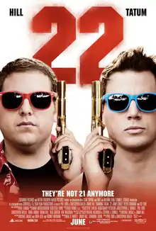 The faces of the two officers wearing colorful sunglasses, and holding guns up beside their faces. Above them is the number '22' in red.