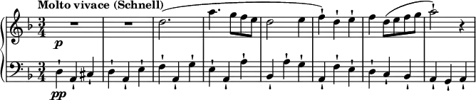 
\relative c'' {
  \new PianoStaff <<
    \new Staff {
      \set Staff.midiInstrument = #"piano" \key f \major \clef treble \time 3/4 \set Score.tempoHideNote = ##t \tempo "Molto vivace (Schnell)" 4 = 250
      R2.*2 \p |
      d2. ( |
      a'4. g8 f8 e8 |
      d2 e4 |
      f4 ) -! d4 -! e4 -! |
      f4 d8 ( e8 f8 g8 |
      a2 ) -! r4 |
    }
    \new Staff {
      \set Staff.midiInstrument = #"piano" \key f \major \clef bass \time 3/4
      d,,,4 \pp -! a4 -! cis4 -! |
      d4 -! a4 -! e'4 -! |
      f4 -! a,4 -! g'4 -! |
      e4 -! a,4 -! a'4 -! |
      bes,4 -! a'4 -! g4 -! |
      a,4 -! f'4 -! e4 -! |
      d4 -! c4 -! bes4 -! |
      a4 -! g4 -! a4 -! |
    }
  >>
}

