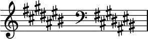 { \new Staff \with{ \magnifyStaff #3/2 } << \time 2/16 \override Score.TimeSignature #'stencil = ##f { \clef treble \key cis \major s16 \clef bass \key cis \major s16 } >> }