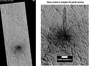 HiRISE images showing discovery of a new crater with HiWish program A study of the dark areas around new craters like this revealed that dark patches fade by global atmospheric dust deposition and are more likely to occur at higher-latitude sites, lower-elevation sites, and at sites with smaller central craters.  Changing back to the surrounding albedo takes on average 15 martian years.