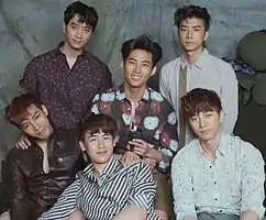 2PM in 2015  Clockwise from top to bottom: Chansung, Taecyeon, Wooyoung, Junho, Nichkhun, and Jun. K