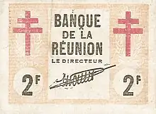 2 franc note issued by the Banque de la Réunion, 1943
