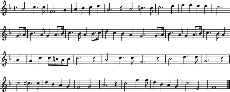 
{
\clef treble \key f \major \tempo 4=100 \set Staff.midiInstrument = "clarinet" {
      \set Score.tempoHideNote = ##t
      \override Score.BarNumber #'transparent = ##t
      \time 4/4
      \transpose c c'
      \relative
      { a2 c4. c8 | f,2. g4 | a bes c d | g,2. r4 | a2 b4. b8 | c2. d4 | e e d d | c2. \bar"" \break
      g8. a16 | bes4. a8 g4 a8. bes16 | c4. bes8 a4 bes8. c16 | d4 c bes a | g2. g8. a16 | bes4. a8 g4 a8. bes16 | c4. bes8 a4 \bar"" \break
      a | g c c8 b a b | c2. r4 | a2 c4. c8 | f,2. r4 | bes2 d4. d8 | g,2. r4 | \break
      c2 cis4. cis8 | d4 bes a g | f2 g | a2. r4 | c2 f4. f8 | d4 bes a g | c2 e, | f1 \bar "|."}
    }
  }
