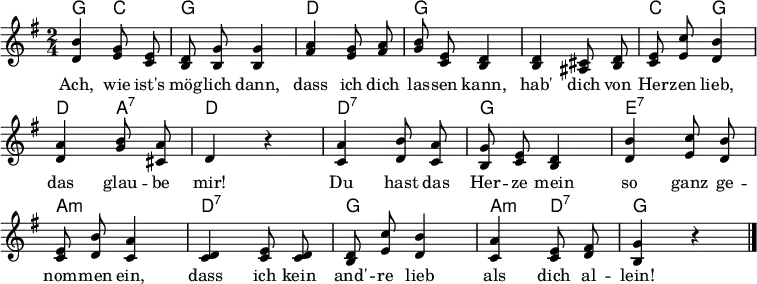 
\layout { \context { \Score \remove "Bar_number_engraver" } }
<<
\new ChordNames { \set Staff.midiInstrument = #"acoustic guitar (nylon)" \chordmode { g,4 c, g,2 d, g, s c,4 g, d, a,:7 d,2 d,:7 g, e,:7 a,:m d,:7 g, a,4:m d,:7 g,2} }
\relative g' {\set Staff.midiInstrument = #"clarinet" \autoBeamOff \key g \major \time 2/4 \set Score.tempoHideNote = ##t \tempo 4=55
<b d,>4 <g e>8 <e c>8 | <d b>8 <g b,>8 <g b,>4 | <a fis>4 <g e>8 <a fis>8 | <b g>8 <e, c>8 <d b>4 | <d b>4 <cis ais>8 <d b>8 | <e c>8 <c' e,>8 <b d,>4 | <a d,>4 <b g>8 <a cis,>8 | d,4 r |
<a' c,>4 <b d,>8 <a c,>8 | <g b,>8 <e c>8 <d b>4 | <b' d,>4 <c e,>8 <b d,>8 | <e, c>8 <b' d,>8 <a c,>4 | <d, c>4 <e c>8 <d c>8 | <d b>8 <c' e,>8 <b d,>4 |
  \tempo 4=50 <a c,>4 <e c>8 <fis d>8 | <g b,>4 r \bar "|."
}
\addlyrics {
Ach, wie ist's mög -- lich dann,
dass ich dich las -- sen kann,
hab' dich von Her -- zen lieb,
das glau -- be mir!
Du hast das Her -- ze mein
so ganz ge -- nom -- men ein,
dass ich kein and' -- re lieb
als dich al -- lein!
 }
>>
\midi { \context { \ChordNames midiMinimumVolume = #0.3 midiMaximumVolume = #0.3 } }
