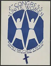 A poster for the Second Congress to Unite Women in 1970. It is a drawing of two women inside of a Venus symbol with the name and dates of the conference around it.