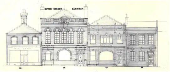 Elevational line drawing of 30-36 South Street, Farnham, Surrey prior to demolition in 1990, by Michael Blower