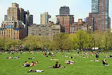 People seated or reclining on the large grass area known as Sheep Meadow