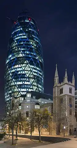 Image 430 St Mary Axe, London, widely known by the nickname "The Gherkin", and occasionally as a variant on The Swiss Re Tower, after its previous owner and principal occupier. Swiss Re is the world’s second-largest reinsurance company.