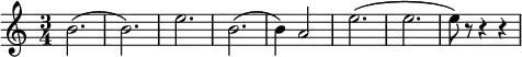 
\relative c'' { 
  \set Staff.midiInstrument = #"french horn"
  \key c \major
  \time 3/4
  b2. (b2.) e2. b2. (b4) a2 e'2. (e2. e8) r8 r4 r4
}
