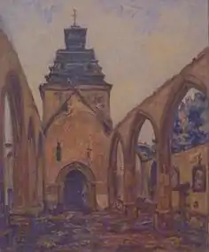 Germain David-Nillet's "L'église du Faouët après l'incendie, vue du clocher". Dates to 1917. Held in the parish of Faouët's collection.