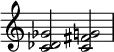  {
\override Score.TimeSignature #'stencil = ##f
\relative c' { 
  \clef treble \time 4/4
  <c des ges>2 <c fis g!>
} }
