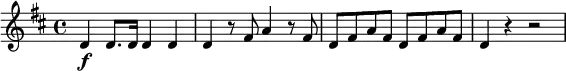 
\relative c' { \set Staff.midiInstrument = #"oboe" \set Score.tempoHideNote = ##t \tempo 4 = 144
  \key d \major
  \tempo "Allegro"
  d4\f d8. d16 d4 d | d r8 fis a4 r8 fis | d fis a fis d fis a fis | d4 r r2
}
