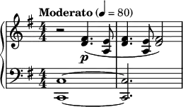  { \new PianoStaff << \new Staff \relative c' { \clef treble \numericTimeSignature \time 4/4 \key g \major \tempo "Moderato" 4 = 80 r2 <fis d>4.\p( <e a,>8 | <fis d>4. <e a,>8 <fis d>2) } \new Staff \relative c { \clef bass \key g \major \numericTimeSignature \time 4/4 <c c,>1~ | <c c,>2. s4 } >> } 