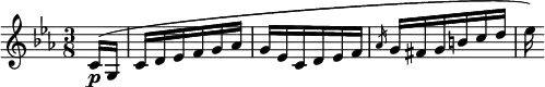 
\relative c' { \clef treble \time 3/8 \key c \minor \partial 8*1 c16(\p g | c d ees f g aes | g ees c d ees f | \slashedGrace { aes } g fis g b c d | ees) } 