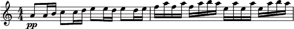 
\relative c'' {
  \set Staff.midiInstrument = #"violin"
  \set Score.tempoHideNote = ##t \tempo 4 = 135
\numericTimeSignature
\tempo "Allegro"
  \key c \major \time 4/4
  a8\pp a16 b c8 c16 d e8 e16 d e8 d16 e|
  f a f a f a b a e a e a e a b a |
}
