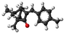 Ball-and-stick model of the 4-methylbenzylidene camphor molecule