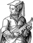 woodcut engraving of woman playing 4-course guitar, 16th century