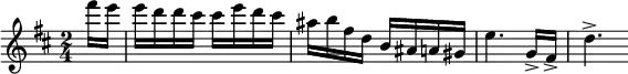 
  \relative c'' { \clef treble \key b \minor \time 2/4 \partial 16*2 fis'16 e e d d cis cis e d cis ais b fis d b ais a gis e'4. g,16-> fis-> d'4.-> }
