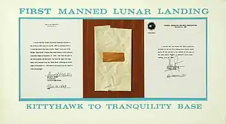 Pieces of fabric and wood from the Wright Flyer traveled to the Moon in 1969 in the Apollo 11 Lunar Module Eagle