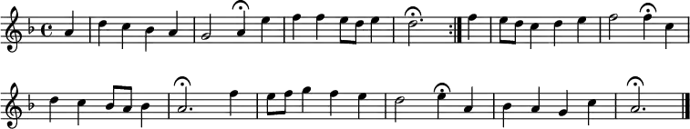 
\new Staff <<
\clef treble
\new Voice = "Soprano"
  { \key d \minor \tempo 4=90 \set Staff.midiInstrument = "oboe" {
      \set Score.tempoHideNote = ##t
      \override Score.BarNumber #'transparent = ##t
      \time 4/4
      \relative c''
      \repeat volta 2 { \partial 4 a4 | d4 c bes a | g2 a4\fermata e' | f f e8 d e4 | d2.\fermata }
      \relative c'' {
      f4 | e8 d c4 d e | f2 f4\fermata \break c | d c bes8 a bes4 | a2.\fermata f'4 | e8 f g4 f e | d2 e4\fermata a, | bes a g c | a2.\fermata \bar "|."
      }
    }
  }
>>
