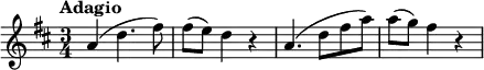 
\new Score {
  \new Staff = "clarinet" {
    \transpose c a
    \relative c' {
      \set Staff.midiInstrument = #"clarinet"
      \clef treble
      \key f \major
      \time 3/4
      \tempo "Adagio"
      \set Score.tempoHideNote = ##t
      \tempo 4 = 60

      c4( f4. a8) | a8( g) f4 r | c4.( f8 a c) | c8( bes) a4 r |
    }
  }
}
