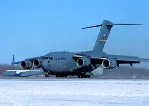 A Boeing C-17 Globemaster III of the 445th Airlift Wing based at Wright-Patterson AFB.