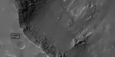 Close view of layers from a previous image, as seen by HiRISE under HiWish program  Box shows the size of football field.