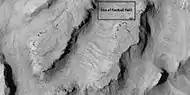 Close view showing blocks being formed, as seen by HiRISE under HiWish program Note: this is an enlargement of the previous image.  Box represents size of football field.