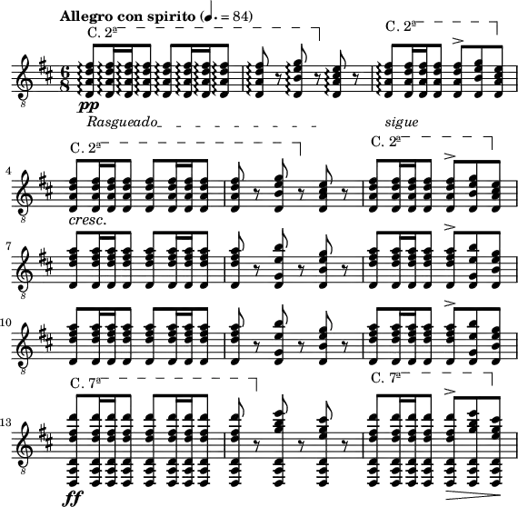 
\header {
  tagline = ""
}
foo = <<
\relative c \new Staff {
  \key d \major \time 6/8 \clef "treble_8"
  \set Staff.midiInstrument = "acoustic guitar (nylon)"
  \tempo "Allegro con spirito" 4. = 84
  \override TextSpanner #'dash-fraction = #'()
  \override TextSpanner #'font-shape = #'upright
  \override TextSpanner #'(bound-details left text) = \markup { "C. 2ª" }
  \override TextSpanner #'(bound-details right text) = \markup { \draw-line #'(0 . -2) }
  \override TextSpanner #'(bound-details right padding) = #-3
  \override TextSpanner #'(bound-details left stencil-align-dir-y) = #0.8
  \stemUp
  <d a' d fis>8\arpeggio\pp \startTextSpan q16\arpeggio q\arpeggio q8\arpeggio q\arpeggio q16\arpeggio q\arpeggio q8\arpeggio |
  q\arpeggio r <d b' e g>\arpeggio \stopTextSpan r <d a' cis e>\arpeggio r |
  <d a' d fis>\arpeggio \startTextSpan q16 q q8 q^> <d b' e g> \stopTextSpan <d a' cis e> |
  \override DynamicTextSpanner #'dash-period = #-1.0
  <d a' d fis>8\cresc \startTextSpan q16 q q8 q q16 q q8 |
  q r <d b' e g> \stopTextSpan r <d a' cis e> r |
  <d a' d fis> \startTextSpan q16 q q8 q^> <d b' e g> \stopTextSpan <d a' cis e> |
  \break
  \repeat unfold 2 {
  <d d' fis a>8 q16 q q8 q q16 q q8 | q r <d g e' b'> r <d b' e g> r | <d d' fis a> q16 q q8 q^> <d g e' b'> <d b' e g> |
  }
  \break
  \override TextSpanner #'(bound-details left text) = \markup { "C. 7ª" }
  <d, a' d d' fis d'>\ff \startTextSpan q16 q q8 q q16 q q8 |
  q \stopTextSpan r <d a' d g' b e> r <d a' d e' g cis> r |
  <d a' d d' fis d'> \startTextSpan q16 q q8 q^>\> <d a' d g' b e> \stopTextSpan <d a' d e' g cis>\! |
}
\new Dynamics {
  \override TextSpanner #'(bound-details left-broken text) = ##f 
  \override TextSpanner #'(bound-details right-broken text) = ##f
  \override TextSpanner #'(bound-details left text) = \markup { "Rasgueado" }
  s2.\startTextSpan | s4. s \stopTextSpan |
  \override TextSpanner #'(bound-details left text) = \markup { "sigue" }
  \override TextSpanner #'dash-period = #-1.0
  s2. \startTextSpan | s s
  s s s
  s s s \stopTextSpan
}
>>
\score {
  \foo
  \layout {
   % ragged-last = ##t
    indent = 0\cm
   line-width = #140
  }
}
\score {
  \unfoldRepeats
  \foo
  \midi { }
}
