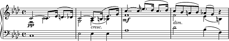 
{ \new PianoStaff <<
  \new Staff <<
    \set Staff.midiInstrument = #"string ensemble 1" \new Voice \key aes \major \clef treble \time 4/4 \set Score.tempoHideNote = ##t \tempo 4 = 45 \relative c' { \stemUp | % 1
    c2 \pp ^~ c8. es16 ^( d8. des16 ) | % 2
    c2 ^~ c8. _\markup{ \italic {cresc.} } b16 ^( es8. g16 ) | % 3
    c4.. \mf ^( c16 ) es8. ^( des16 c8. des16 ) | % 4
    c8 _\markup{ \italic {dim.} } ^( bes8 a8 bes8 ) as8 ^( g8 ) r4 }
  \new Voice \relative c' {
    \clef "treble" \key aes \major \stemDown \time 4/4 | % 1
    r2 c2 | % 2
    g2 as4 _( bes4 ) | % 3
    f'1 | % 4
    f2 es4 _(b4 ) } >>
\new Staff \relative c { \set Staff.midiInstrument = #"string ensemble 1" \key aes \major \clef bass \time 4/4
    c1 | % 2
    es2 es4 es4 | % 3
    as1 | % 4
    des2 bes4 ( f4 ) }
>> }
