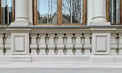 Eclectic window railing with balusters with Ionic capitals of Strada Nicolae Filipescu no. 47, Bucharest, Romania, unknown architect, c.1900