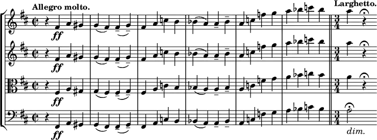 
\new StaffGroup <<
 \new Staff { \relative c' { \key b \minor \time 2/2 \tempo "Allegro molto."
  \set Staff.midiInstrument = "violin"
  \set Score.tempoHideNote = ##t \tempo 1 = 100
  r4 fis\ff a gis g( fis) fis--( g--) fis a c b bes( a) a-- bes-- a c f g a bes c bes \bar "||"
  \tempo "Larghetto." \time 3/4 a
  \set Score.tempoHideNote = ##t \tempo 1 = 40
  r\fermata } }
 \new Staff { \relative c' { \key b \minor \time 2/2
  \set Staff.midiInstrument = "violin"
  r4 fis\ff a gis g( fis) fis--( g--) fis a c b bes( a) a-- bes-- a c f g a bes c bes \bar "||" \time 3/4 a r\fermata } }
 \new Staff { \relative c' { \key b \minor \time 2/2 \clef C
  \set Staff.midiInstrument = "violin"
  r4 fis,\ff a gis g( fis) fis--( g--) fis a c b bes( a) a-- bes-- a c f g a bes c bes \bar "||" \time 3/4 a r\fermata } }
 \new Staff { \relative c { \key b \minor \time 2/2 \clef bass
  \set Staff.midiInstrument = "cello"
  r4 fis, \ff a gis g( fis) fis--( g--) fis a c b bes( a) a-- bes-- a c f g a bes c bes \bar "||" \time 3/4 << a2\fermata { s4\dim s4\! } >> } }
>>
