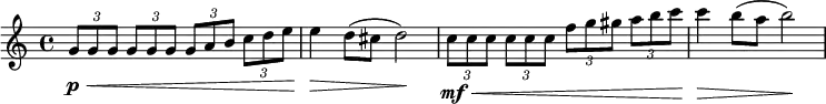 
{
  \new PianoStaff <<
    \new Staff \relative g' {
      \set Staff.midiInstrument = #"string ensemble 1" \key c \major \clef treble \time 4/4 \set Score.tempoHideNote = ##t \tempo 4 = 150
      \once \override TupletBracket #'stencil = ##f
      \times 2/3  {
        g8 \p \< g8 g8
      }
      \once \override TupletBracket #'stencil = ##f
      \times 2/3  {
        g8 g8 g8
      }
      \once \override TupletBracket #'stencil = ##f
      \times 2/3  {
        g8 a8 b8
      }
      \once \override TupletBracket #'stencil = ##f
      \times 2/3  {
        c8 d8 e8
      }
      | % 2
      e4 \! \> d8 ( cis8 d2 \! ) | % 3
      \once \override TupletBracket #'stencil = ##f
      \times 2/3  {
        c8 \mf \< c8 c8
      }
      \once \override TupletBracket #'stencil = ##f
      \times 2/3  {
        c8 c8 c8
      }
      \once \override TupletBracket #'stencil = ##f
      \times 2/3  {
        f8 g8 gis8
      }
      \once \override TupletBracket #'stencil = ##f
      \times 2/3  {
        a8 b8 c8
      }
      | % 4
      c4 \! \> b8 ( a8 b2 \! )
    }
  >>
}
